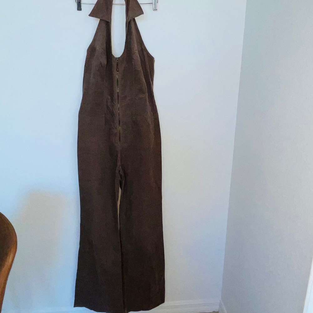 Bisou Bisou Brown Corduroy Halter Jumpsuit Flare Leg Zip Front M Y2K no belt